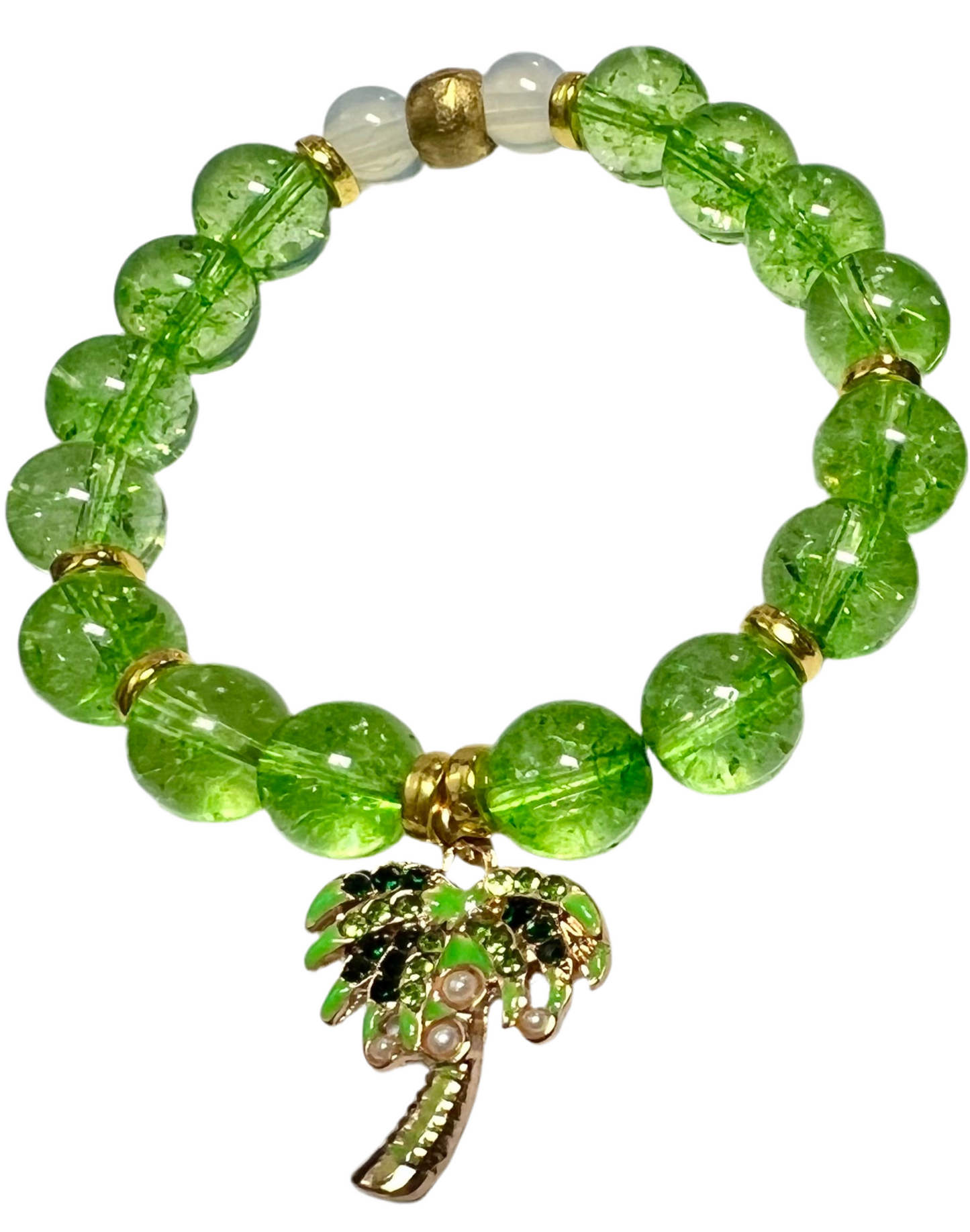 Green crystal-quart bracelet: with palm tree charm