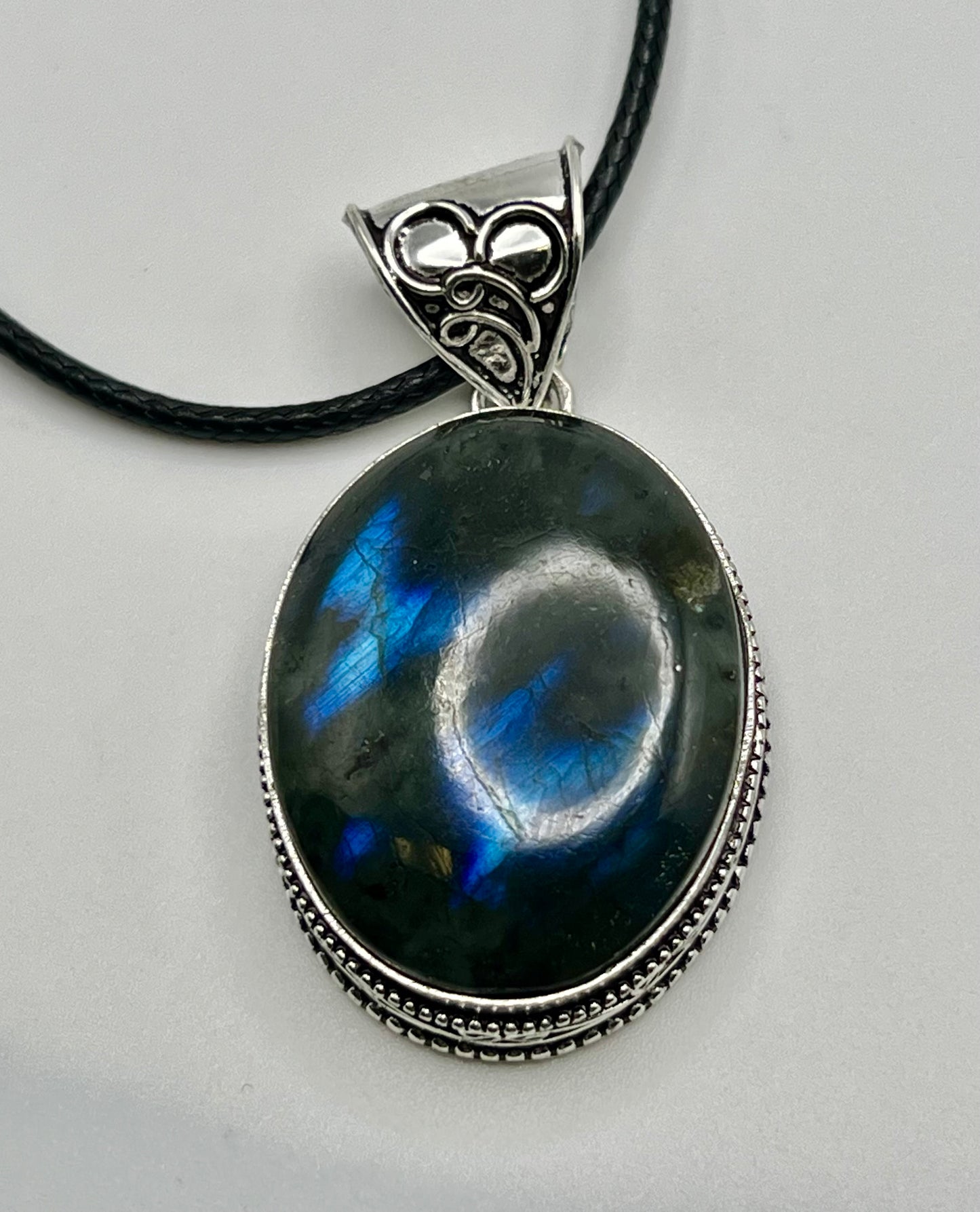 Labradorite Crystal pendant on a black rope chain
