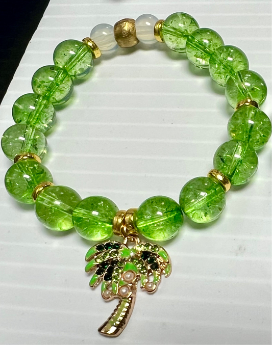 Green crystal-quart bracelet: with palm tree charm