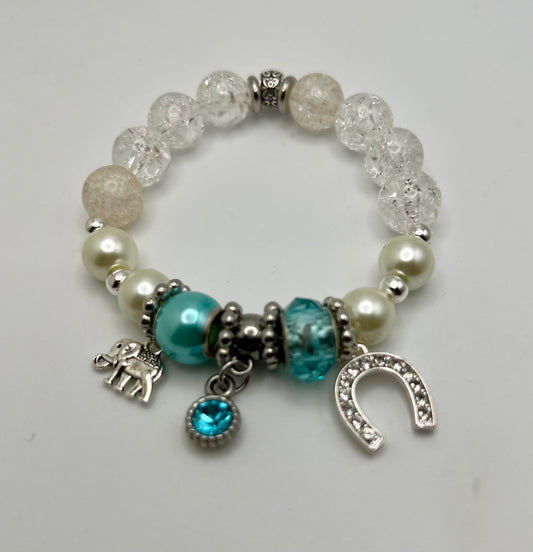 Bracelet clear and teal and pearl fashion jewlery handmade.