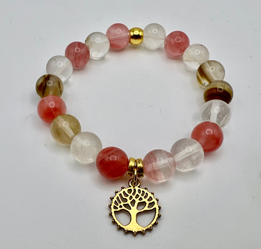 VOCANO CHERRY CRYSTAL QUARTZ BRACELET WITH TREE OF LIFE CHARM