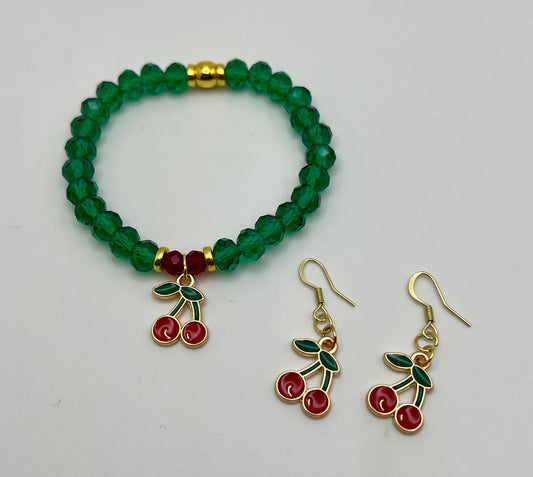 Faceted crystal bracelet with cherries earrings set.     //SOLD///