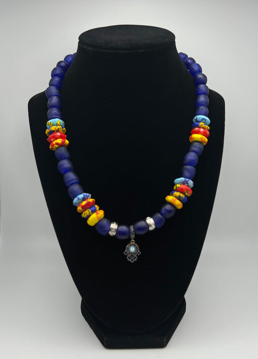 AFRICAN BEAD NECKLACE WITH STERLING SILVER HAMSA  CHARM