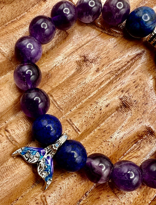 Amethyst and lapis crystal bracelet with sterling silver whale tail charm