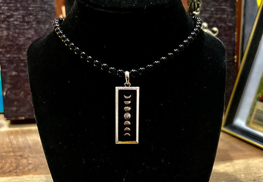 Black, agate choker necklace with the  silver  moon phase charm.  :::SOLD:::