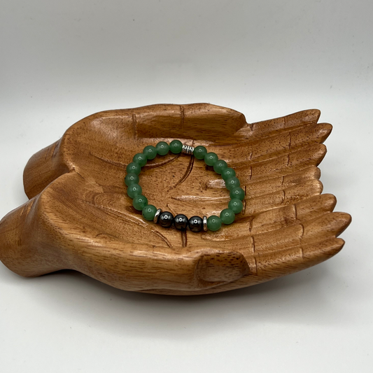 GREEN CHALCEDONY  CRYSTAL BEAD BRACELET WITH HEMATITE